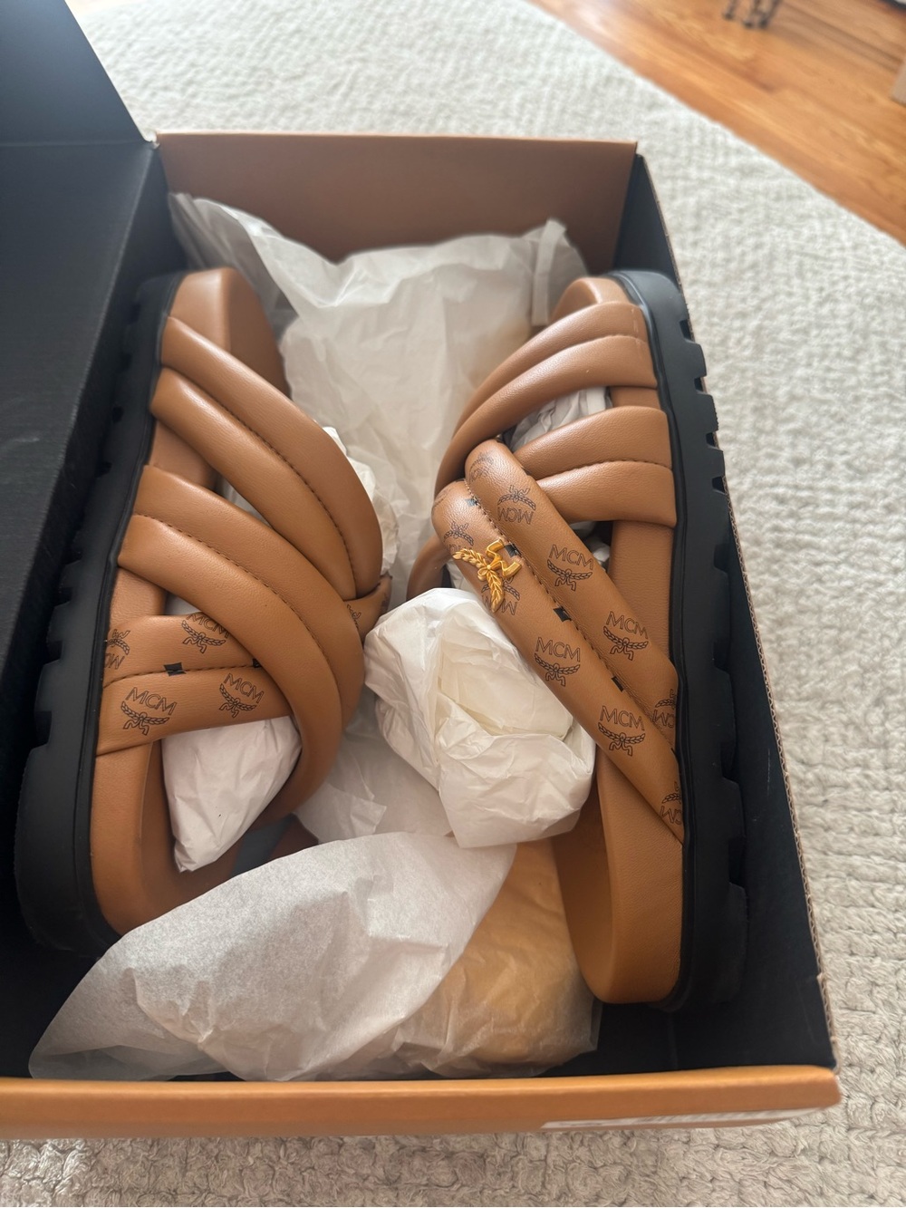 MCM Cognac Quilted Logo Slide Sandals with Black Sole and Gold Accent